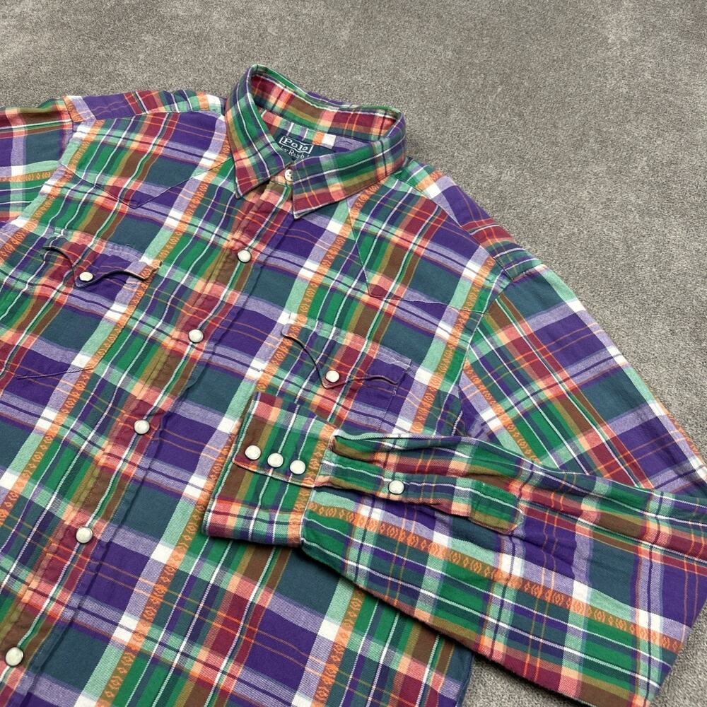 Polo Ralph Lauren Shirt Mens Large Pearl Snap Western Plaid Long Sleeve